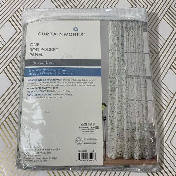 Curtainworks One Rod Pocket Panel Curtain Santa Barbara Green White 51x63 New - Picture 3 of 4